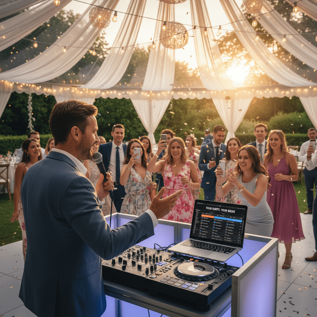 Realistische foto passend bij DJ voor huwelijk die verzoeknummers speelt: uw feest, uw muziek voor w