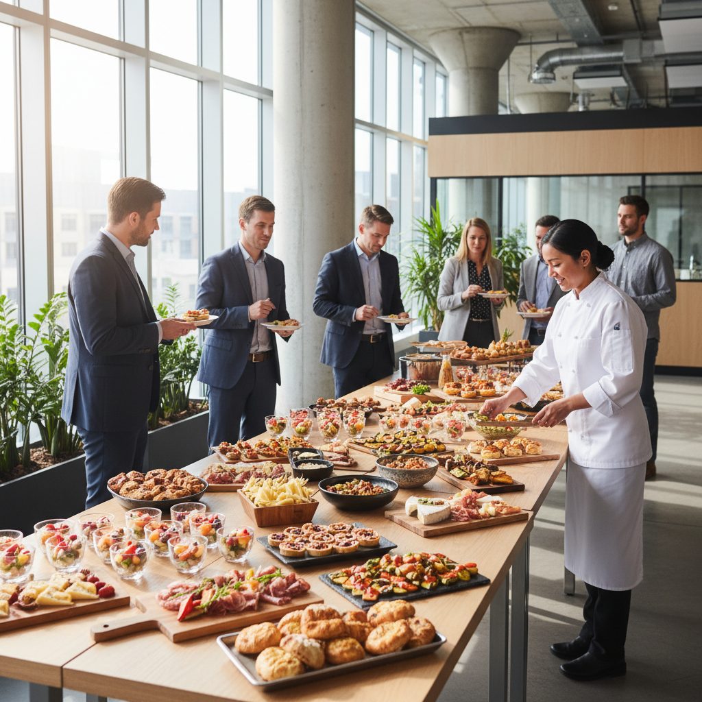 Realistische foto passend bij Catering op maat voor bedrijven voor website SEO-tekst; hoge resolutie